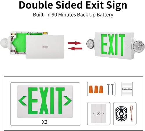 Vista 9 de Luz de salida de emergencia, luz ajustable de dos luces LED para salida, combo de iluminación de salida de emergencia comercial con batería de Rojo