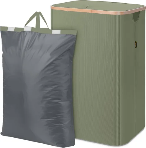 Vista 29 de BALEINE Cesta de lavandería con tapa, cestas altas para la ropa sucia con asas de bambú, contenedor grande para la ropa sucia con soporte interno