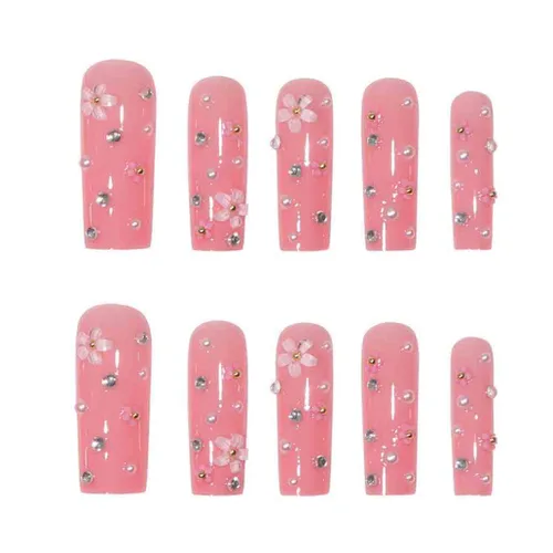Vista 3 de Foccna Uñas postizas a presión de color rosa, uñas postizas largas con flores 3D, cuadradas, brillantes, diamantes de imitación, uñas artificiales