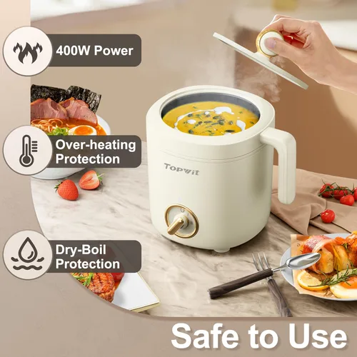Vista 6 de TOPWIT Olla Caliente Eléctrica para Cocinar, Cocedor de Ramen de 1.2L, Cocedor de Fideos Portátil Antiadherente para Pasta, Sopa, Bistec, Avena
