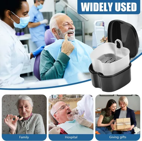 Vista 6 de KISEER Caja de baño de dentadura negra con soporte para tazas, contenedor de remojo con cesta coladora para limpieza de viajes