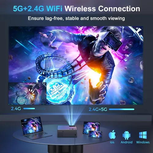 Vista 2 de 【28000 lúmenes de alta luminosidad】Proyector con WiFi 5G y Bluetooth, proyector de cine al aire libre mejorado compatible con 4K, zoom máximo