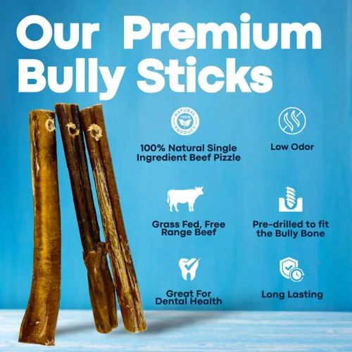Vista 4 de Palitos de carne de 7 pulgadas de grosor (paquete de 10) con dispositivo de seguridad Bully Stick, sin asfixia, palitos de Pizzle totalmente