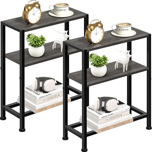 Vista 14 de Mesa auxiliar estrecha para espacios pequeños, mesa auxiliar pequeña de 2 niveles con soporte para estantes, mesita de noche delgada, mesa de sofá
