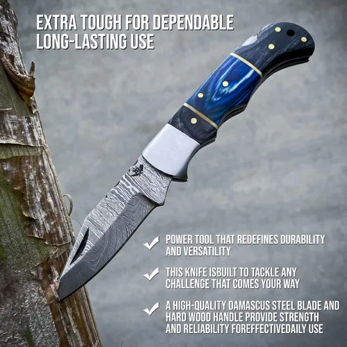 Vista 7 de AR Damascus - Cuchillo plegable de bolsillo hecho a mano para supervivencia al aire libre, hecho de mango de madera y acero de Damasco, junto