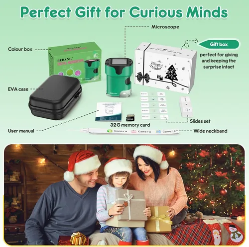 Vista 6 de Microscopio portátil 1000X para niños, pantalla 4K de 2.0 pulgadas, mini microscopios digitales de bolsillo recargable, kit de diapositivas