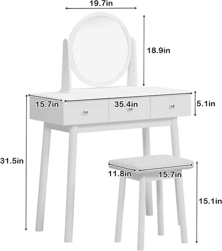 Vista 6 de SogesHome Juego de mesa de tocador con espejo móvil y taburete acolchado, escritorio de maquillaje con 3 cajones, tocador blanco clásico