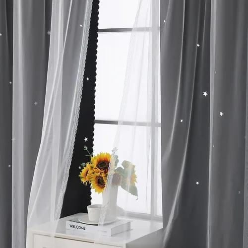Lindas cortinas opacas para dormitorio de niñas, color negro, 45 pulgadas Negro | Estrella recortada y superposición transparente