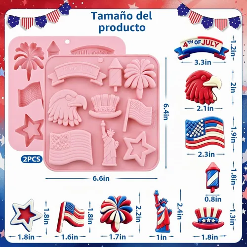 Vista 2 de Moldes de silicona para el 4 de julio, paquete de 2 moldes de chocolate para el Día de la Independencia, bandeja patriótica de silicona para dulces