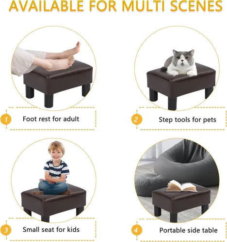 Vista 56 de Adeco 15.4" Small Footstool Ottoman for Footrest, Modern Rectangle Step Stool Extra Seating with Non-Skid Plastic Legs for Living Room, Couch, Brown