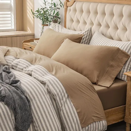 Vista 11 de PURE ERA - Juego de sábanas punto jersey de 4 piezas, 100% algodón, supersuaves, cómodas, transpirables, para colchones de hasta 20 pulgadas, Gris