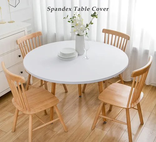 Vista 2 de Wolkemer Paquete de 3 manteles redondos ajustables de 5 pies de elastano, elásticos, borde elástico, color blanco, para comedor, boda, fiesta