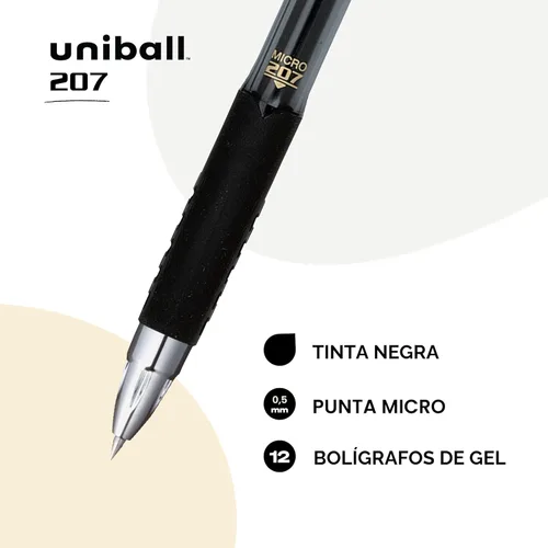 Vista 3 de Bolígrafos de gel retráctiles Uni-Ball 207, micro punta (0.5 mm), negro, paquete de 12