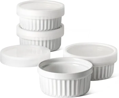Vista 10 de LE TAUCI Ramequines con tapas de silicona, platos de cerámica para soufflé de 8 OZ, cuencos de ramekin para Crème Brûlée, postre, salsas, aptos