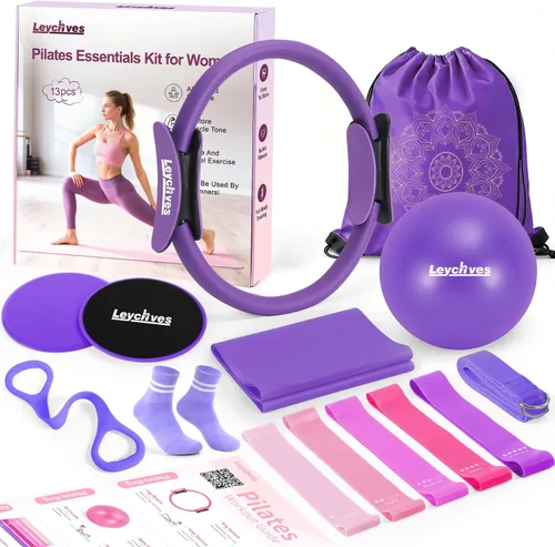 Vista 11 de Kit de Esenciales de Pilates para Mujeres, Círculo Mágico de 35 cm Equipo de Pilates para el Hogar con Anillo de Pilates y Bola, Set de 5 Bandas