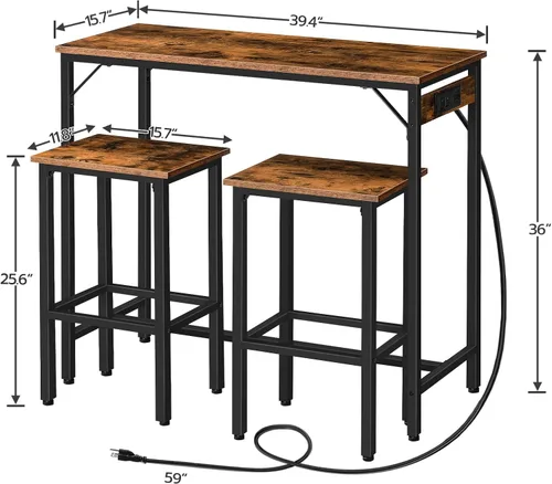 Vista 3 de HOOBRO Juego de mesa de bar y sillas, juego de mesa de comedor de 39.4" con toma de corriente, juego de mesa de pub de 3 piezas, mesa de bar