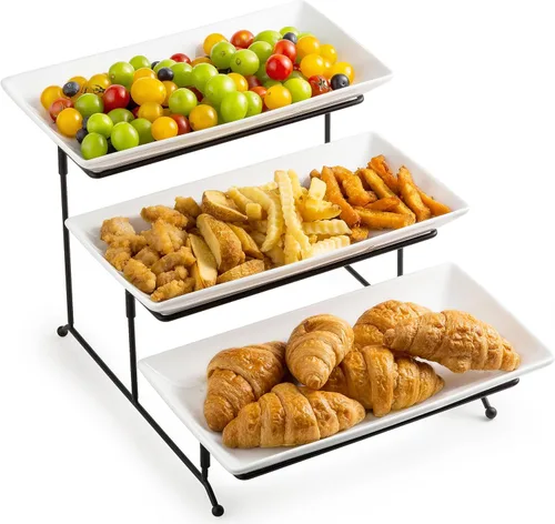LYEOBOH Juego de soporte y bandejas escalonadas, soporte grande para bandeja escalonada, bandeja para servir de 3 niveles con estante plegable más