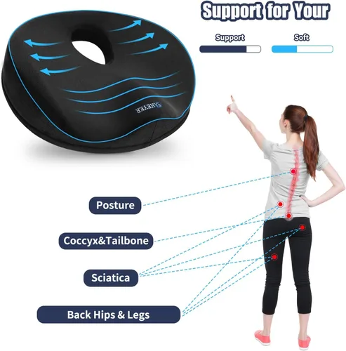 Vista 6 de SAHEYER Almohada de dona para aliviar el dolor de coxis y hemorroides, cojín de espuma viscoelástica para nervio ciático, cojín de asiento para Negro