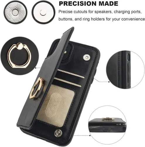 Vista 8 de ONETOP - Funda tipo cartera para iPhone 11 con soporte para tarjetas, anillo de rotación de 360°, bloqueo RFID, piel sintética, doble cierre Negro