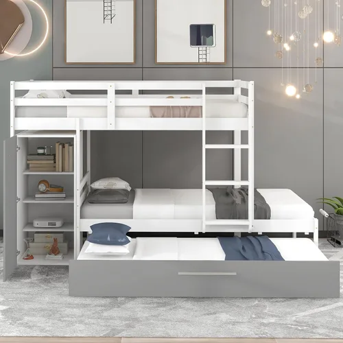 Vista 55 de Elegante litera individual sobre matrimonial con escaleras y barandillas de seguridad, la cama de plumón se puede convertir en sofá cama