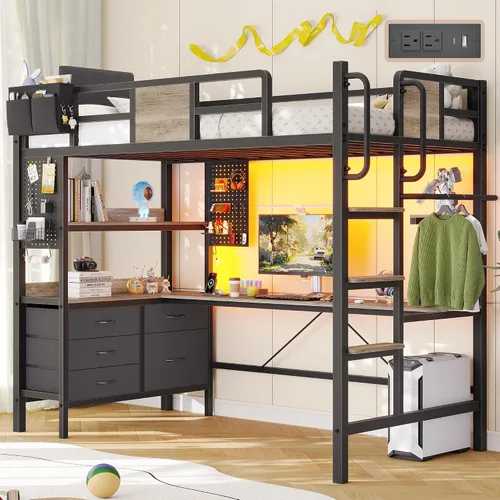 Cama tipo loft individual con escritorio y 5 cajones de Gris roble.