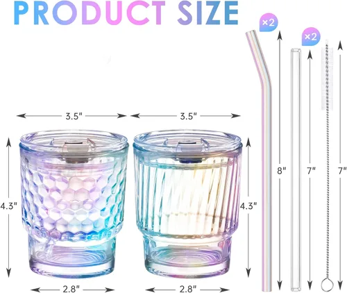 Vista 7 de NiHome Vasos de vidrio con pajitas y tapas, taza de café helado iridiscente con boca ancha, tarros de vidrio arcoíris para cerveza, whisky, cóctel