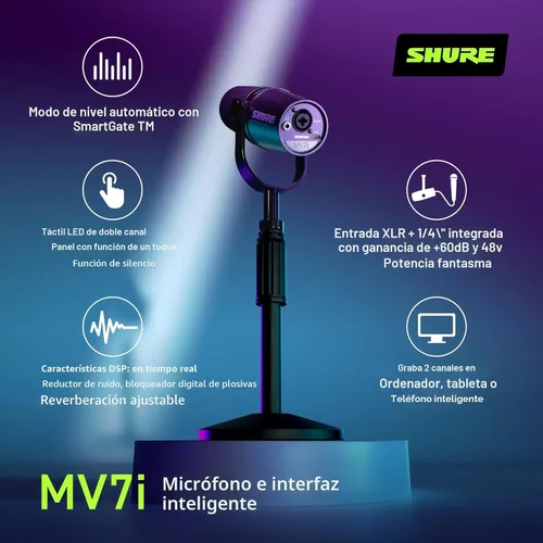 Vista 3 de Shure MV7i - Micrófono inteligente - Micrófono USB-C y XLR para podcasting, música y transmisión con interfaz de audio incorporada, modo de nivel