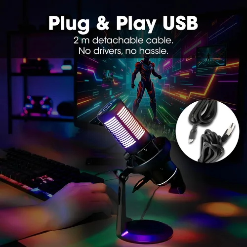Vista 10 de MANHATTAN Micrófono USB RGB para juegos, micrófono condensador con cancelación de ruido para PC, PS4, PS5 y Mac, soporte de choque antivibración