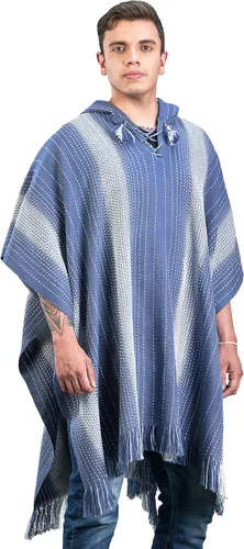 Vista 3 de INTI ALPACA Poncho con capucha de alpaca para hombre, capa de lana con capucha, poncho largo de invierno, cómodo abrigo de casa, color sólido