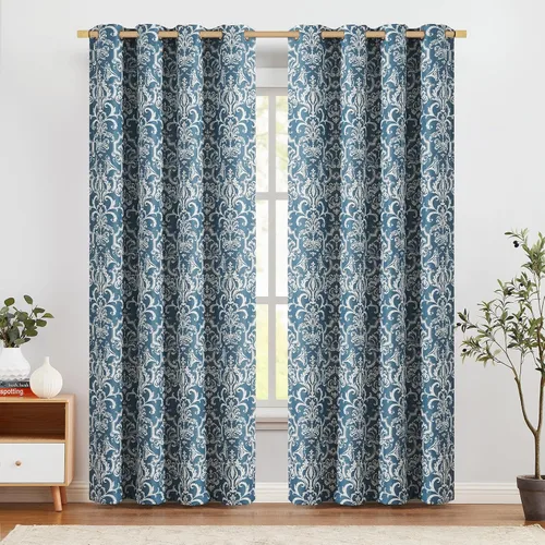 jinchan Cortinas opacas para dormitorio, cortinas con patrón de damasco azul, 84 pulgadas de largo, para sala de estar, cortinas vintage de lino