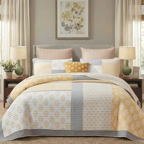 Vista 14 de KALOOLA - Juego de ropa de cama con colcha acolchada de retazos tamaño queen, 100% algodón, colcha ligera con 2 fundas de almohada, colcha