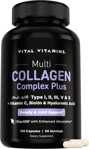 Vital Vitamins Multi Collagen Complex Plus - con biotina, ácido hialurónico, vitamina C - Tipo I, II, III, V, X - para mujeres y hombres - Complejo