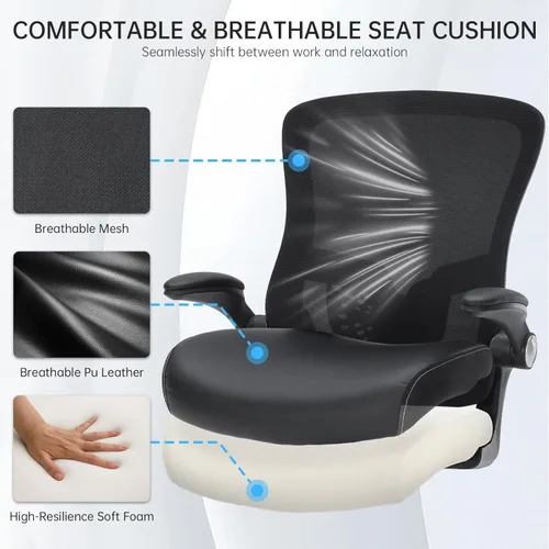 Vista 5 de Silla de oficina ergonómica, respaldo medio, de malla transpirable, silla giratoria para computadora con soporte lumbar ajustable, brazos abatibles