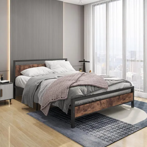 Vista 17 de BOFENG Marco de cama Queen con cabecera de madera, base de cama de plataforma resistente, no necesita somier, base de colchón de listones de acero