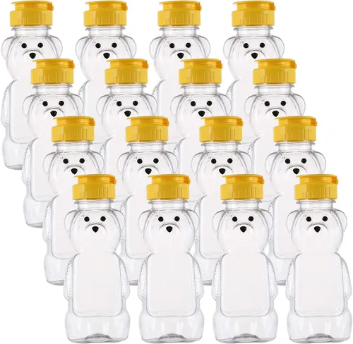Bekith Paquete de 16 frascos de plástico de 8 onzas líquidas de miel de oso, botella de miel vacía con tapa abatible para almacenar y dispensar