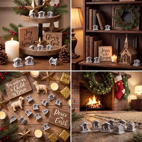 Vista 6 de RoundFunny 50pcs miniatura Navidad Belén Resina Sagrada Familia con pesebre