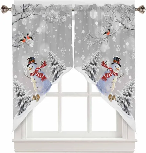 Vista 13 de BEMIGO Cortinas de cocina de Navidad, lindas cortinas de granja con muñeco de nieve azul, cenefa con bolsillo para barra de copos de nieve