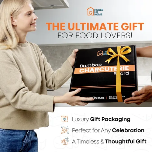 Vista 2 de Gran set de regalo de tabla de charcutería de bambú – 4 cajones ocultos, cuchillos de queso, tazones y platos de cerámica – Perfecto para Navidad