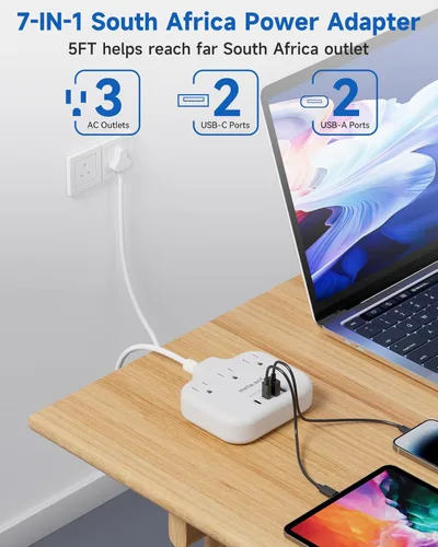 Vista 5 de Adaptador de Enchufe de Sudáfrica, Adaptador Tipo M para Sudáfrica con 3 Tomas de CA y 4 Puertos USB (2 USB C) 15.5W, Cable de Extensión de 3FT