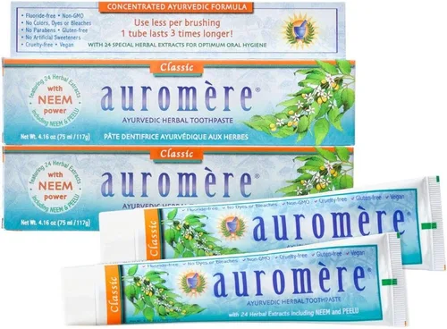 Auromere Pasta dental ayurvédica a base de hierbas, sabor clásico de regaliz, vegano, natural, sin OMG, sin fluoruro, sin gluten, con neem y peelu