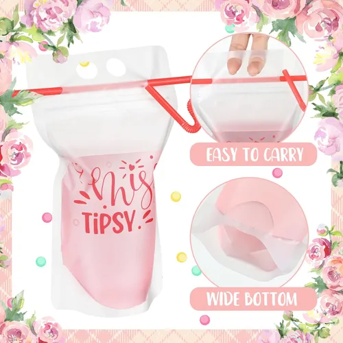 Vista 3 de 24 bolsas de bebidas para dama de honor con pajitas, tazas de bach con cremallera de pie, 17 onzas, tazas de mano traviesas para dama de honor