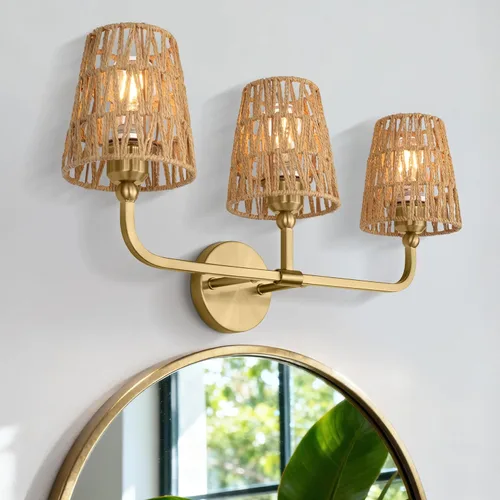 Vista 7 de VL837-BG-RA-3 - Lámparas de baño de 3 luces, luces de tocador de ratán dorado cepillado con pantalla acampanada tejida a mano, apliques de pared