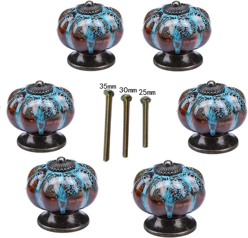 Juego de 6 pomos de cerámica con pomos coloridos y asas de calabaza para armarios, armarios de cocina y baño, persianas (azul leopardo)