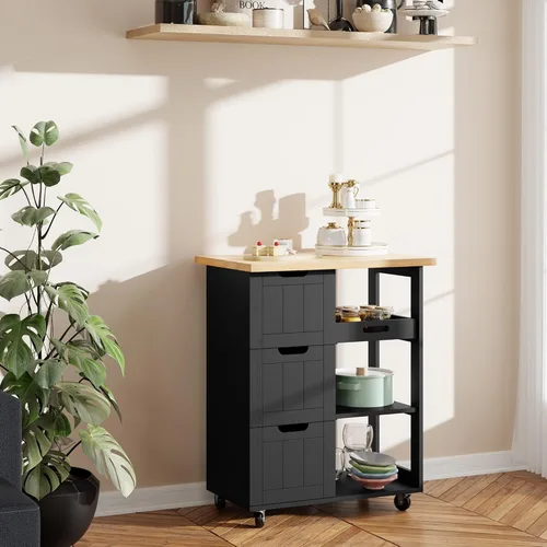 Vista 8 de SUNLEI Isla de Cocina con Carro de Almacenamiento, Carrito Rodante de Café Pequeño, Mesa de Corte de Madera, Microondas con 3 Cajones sobre Ruedas