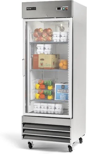 PEAKCOLD Refrigerador comercial de una sola puerta de vidrio, 23 pies cúbicos, 29 "W Acero inoxidable Reach-In Vertical Refrigerador, Estantes