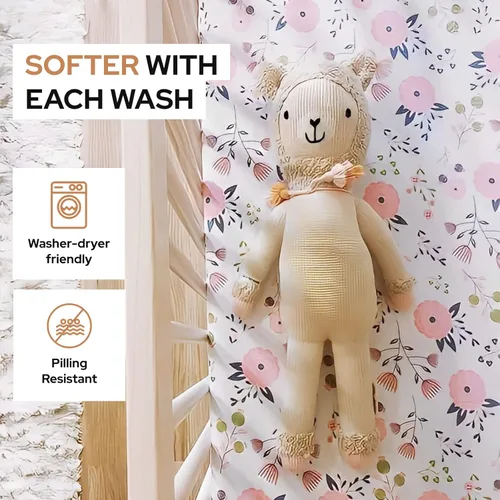 Vista 6 de Sábana para cuna pequeña con patrón de zorro y cheurón, sábana bajera ajustable 100% algodón orgánico Pack n Play, sábanas de primera calidad