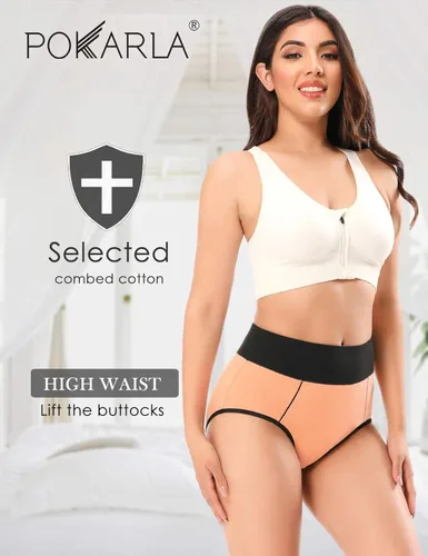 Vista 2 de POKARLA - Ropa interior de algodón y con cintura alta para mujer, es suave, es transpirable, son calzones elásticos, con talla regular
