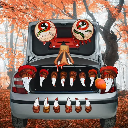 Vista 7 de Juego de 17 piezas de decoración de Halloween para tronco o auto, monstruo con ojos grandes, colmillos, decoraciones de Halloween aterradoras