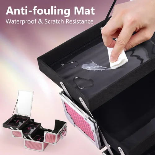 Vista 7 de Joligrace Makeup Train Case Makeup Case Organizer Portable Cosmetic Box Storage with 2 Trays Mirror Locking Make Up Travel Case for Nail Kits