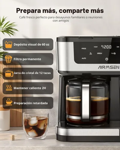 Vista 3 de AIRMSEN Cafetera Dual Programable de 12 Tazas – Máquina de una sola porción para Cápsulas K-Cup y Café Molido, 1000W de Preparación Rápida, Inicio